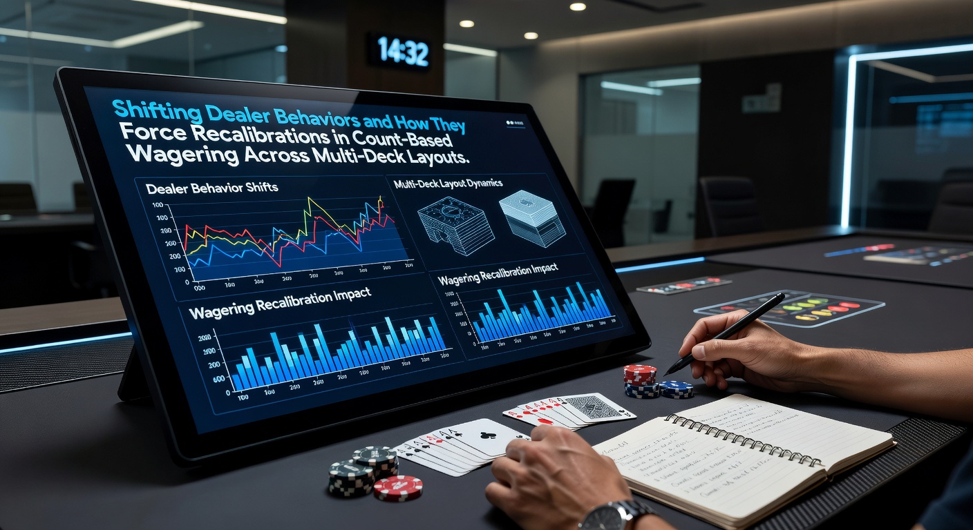 Dealer bei der Arbeit an einem Multi-Deck-Blackjack-Tisch mit Shoe und Karten