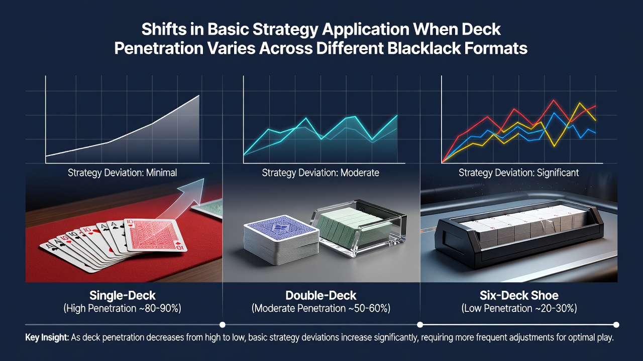 Detailed chart showing basic strategy adjustments linked to deck penetration depths in multiple blackjack variants