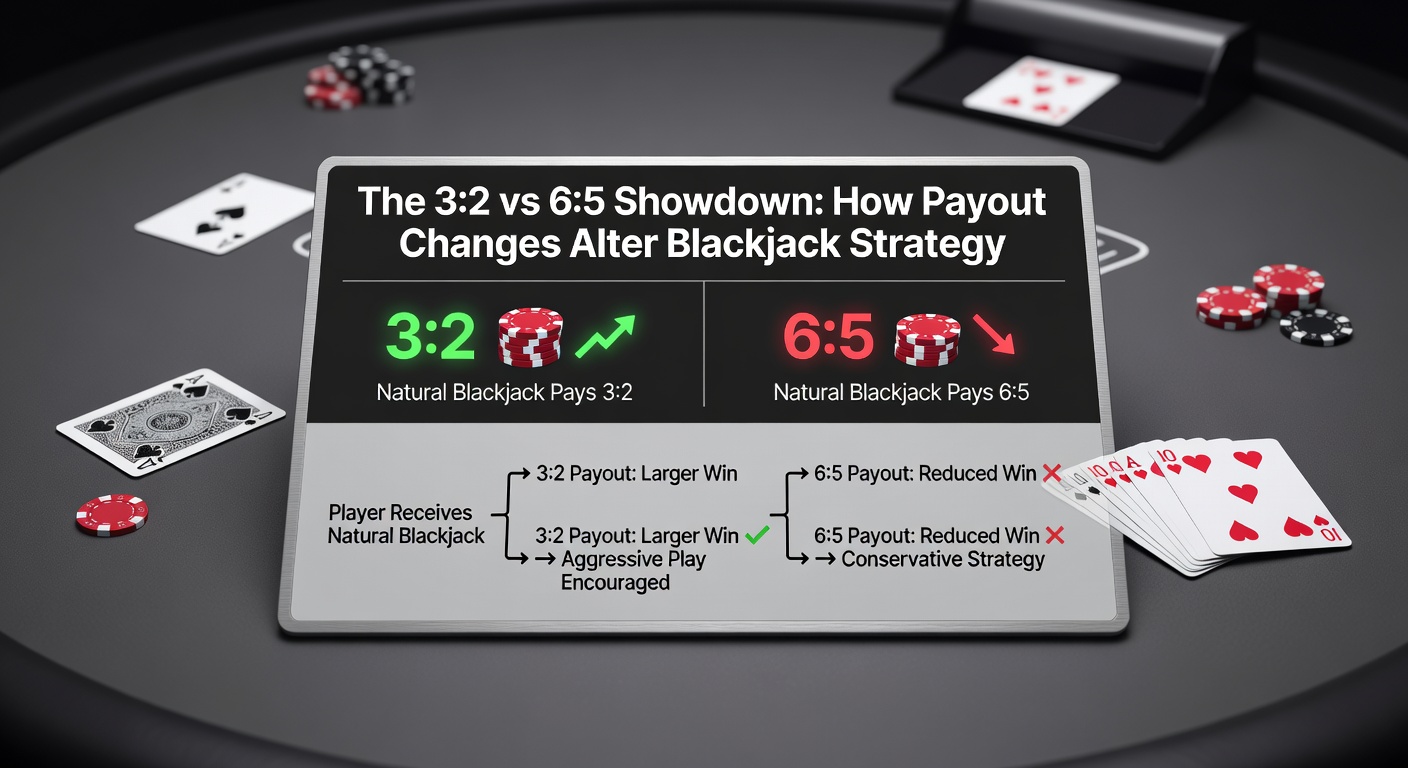 Vergleichstabelle der Blackjack-Auszahlungen bei 3:2 und 6:5 mit Hausvorteil-Darstellung