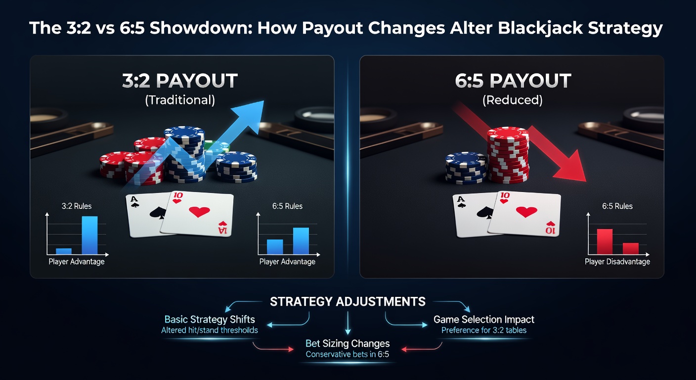 Grafik zum veränderten Hausvorteil bei 3:2 und 6:5 Blackjack mit Strategieanpassungen